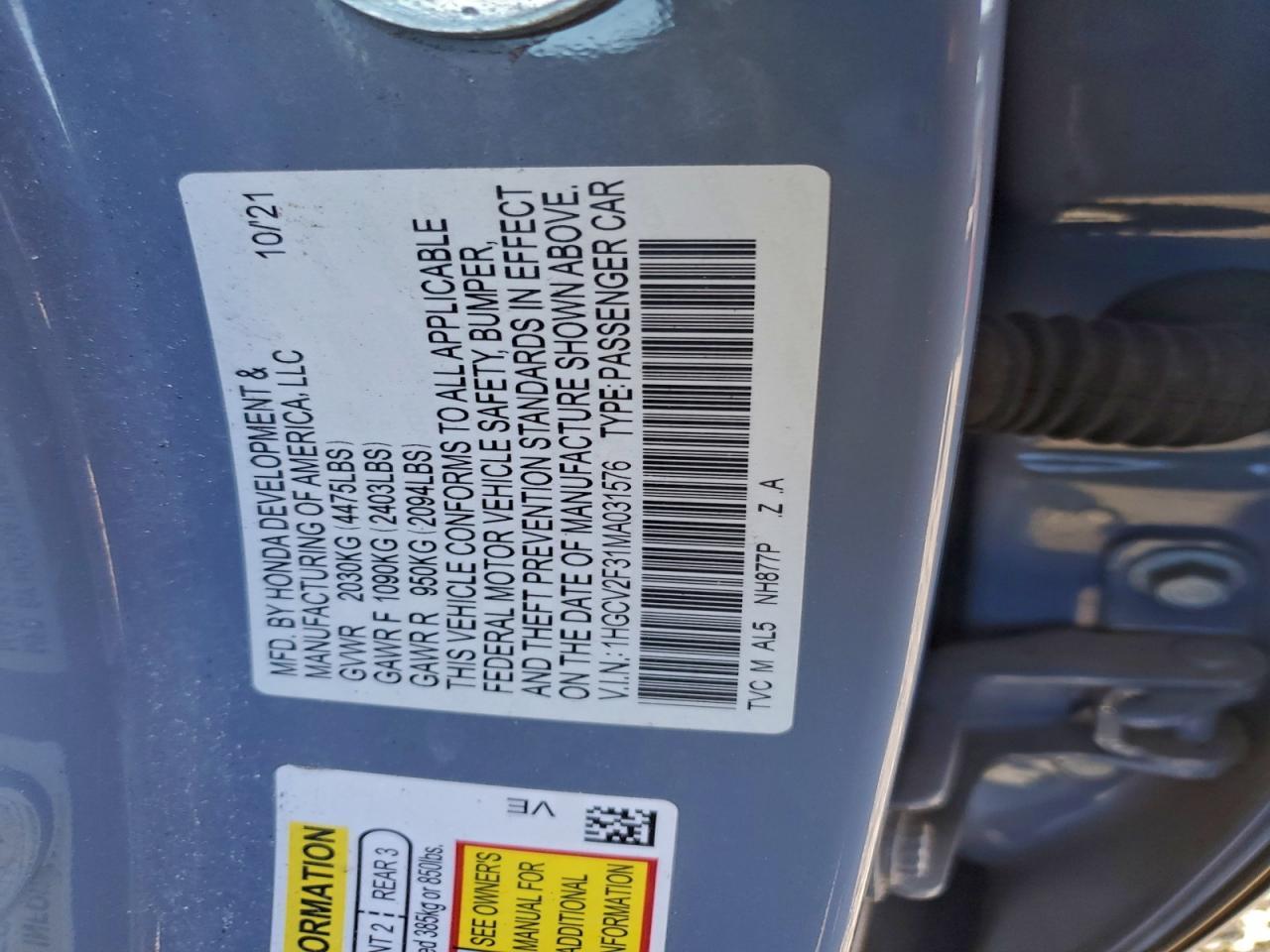 2021 HONDA ACCORD