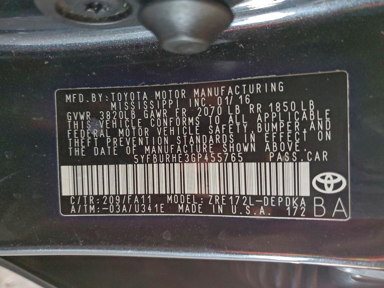 2016 TOYOTA COROLLA