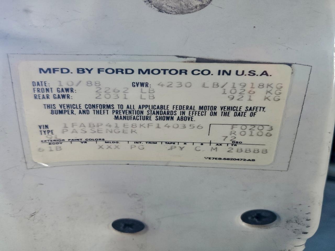 1989 FORD MUSTANG