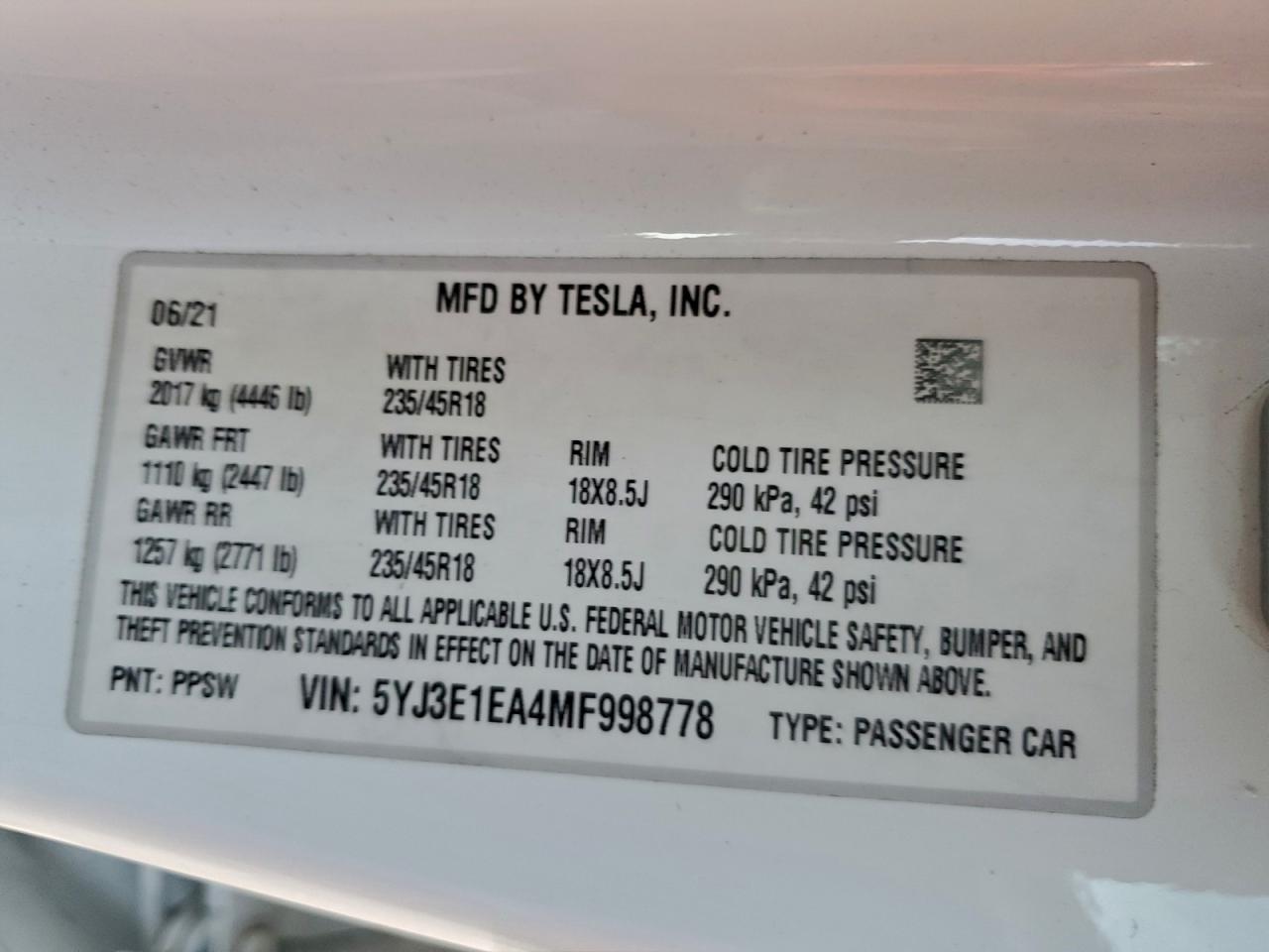 2021 TESLA MODEL 3