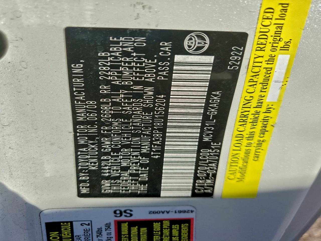2008 TOYOTA CAMRY