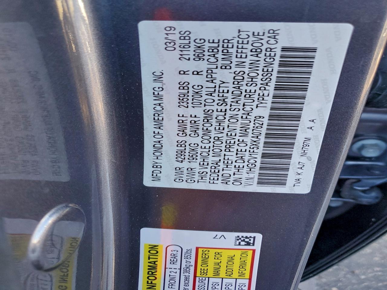 2019 HONDA ACCORD