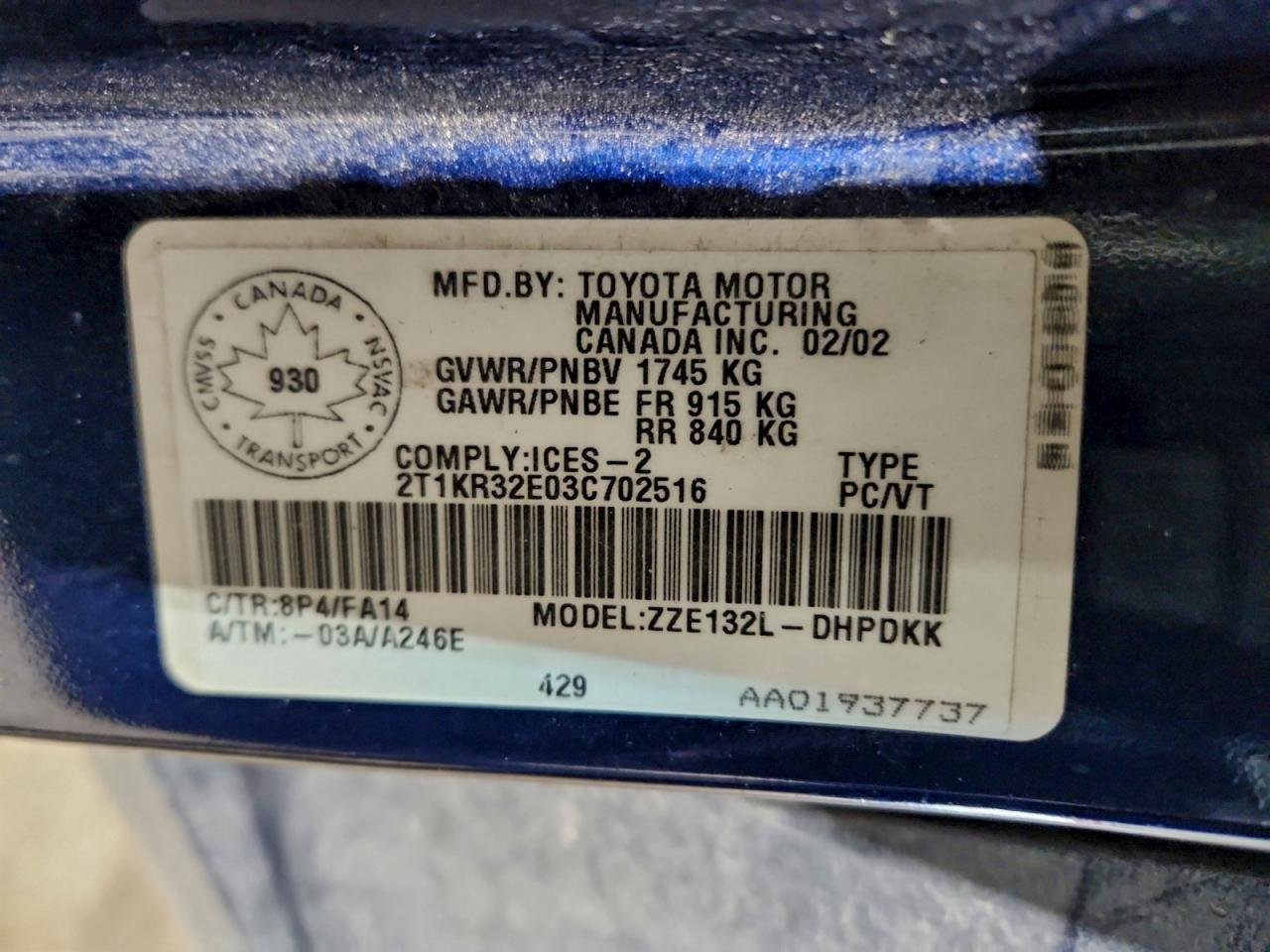 2003 TOYOTA COROLLA
