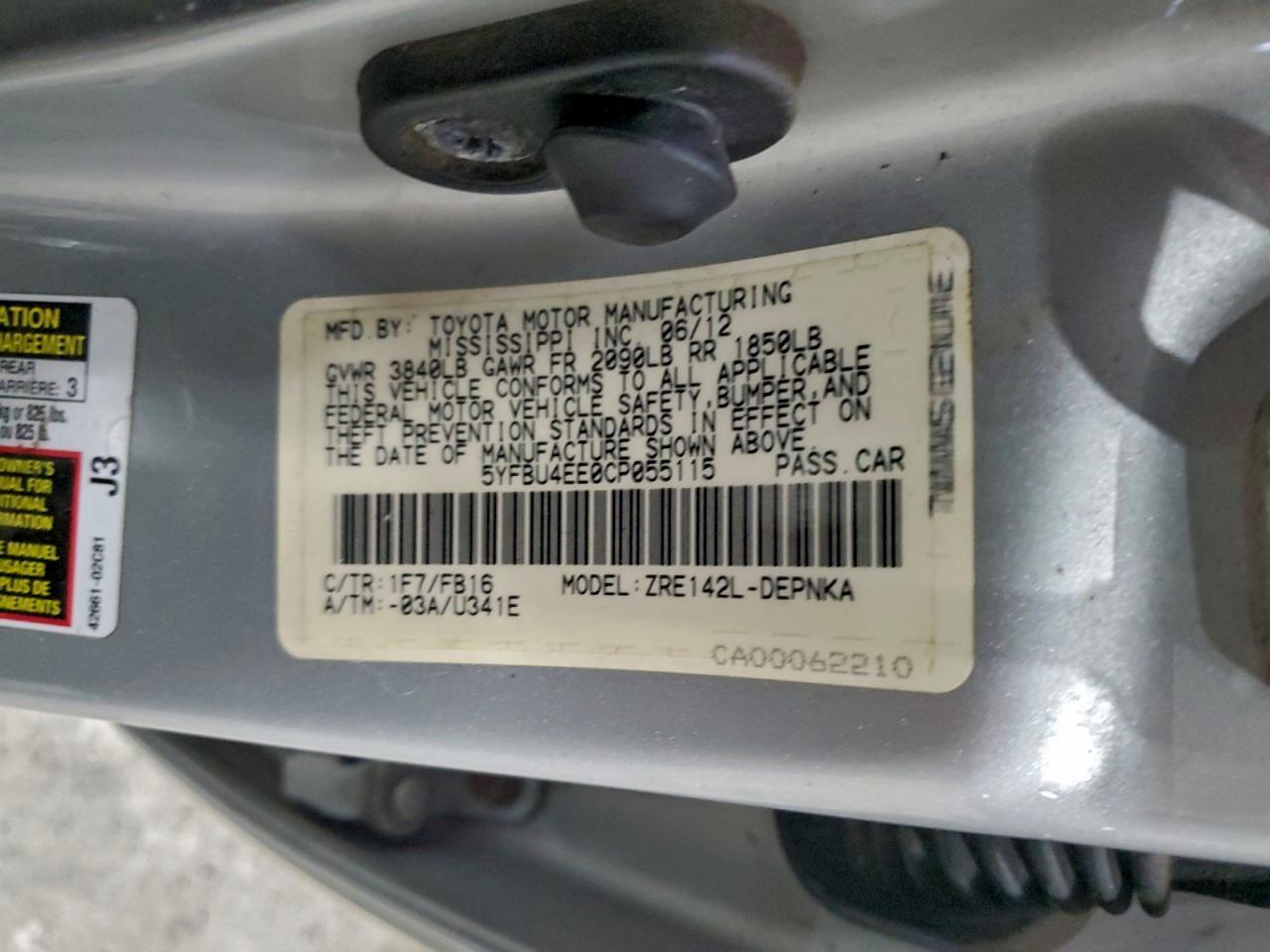 2012 TOYOTA COROLLA