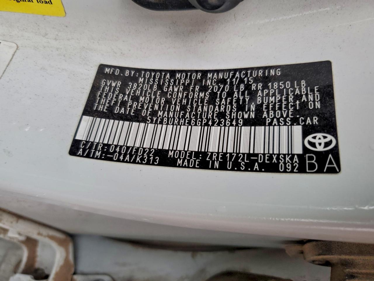 2016 TOYOTA COROLLA