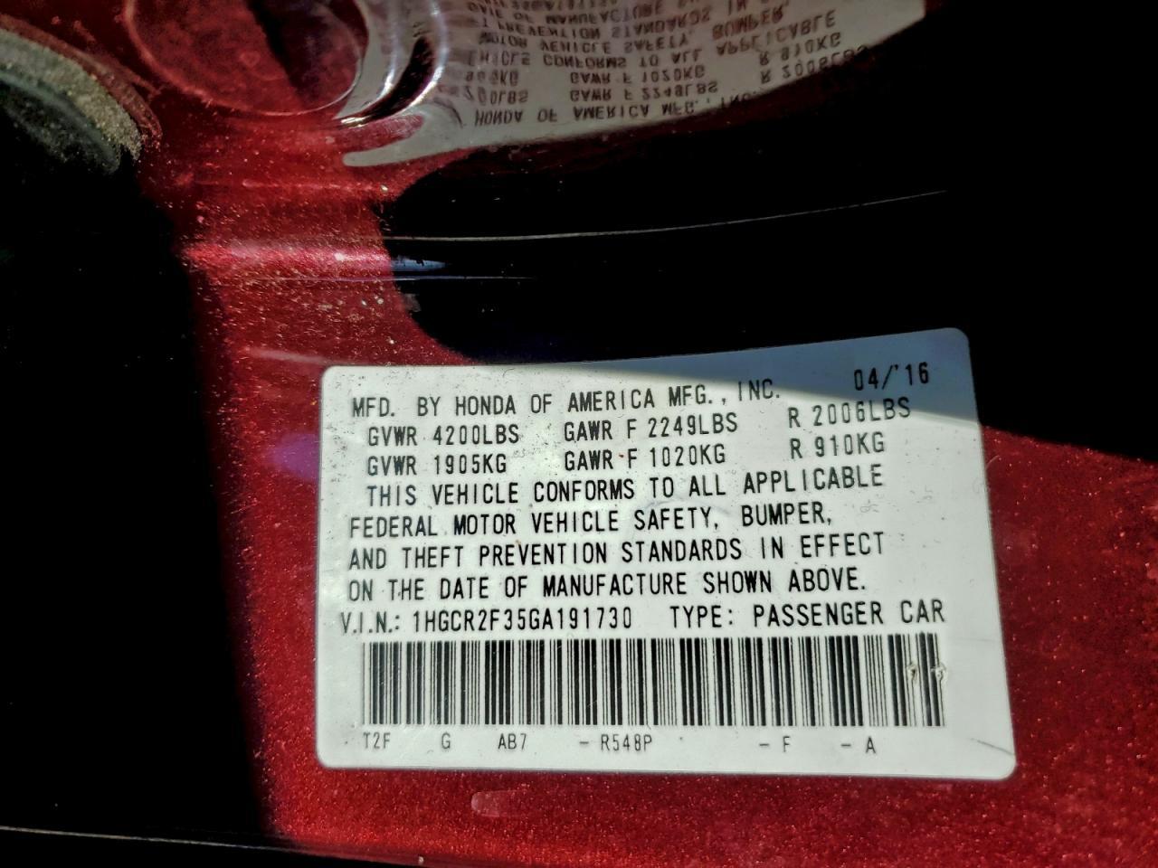 2016 HONDA ACCORD
