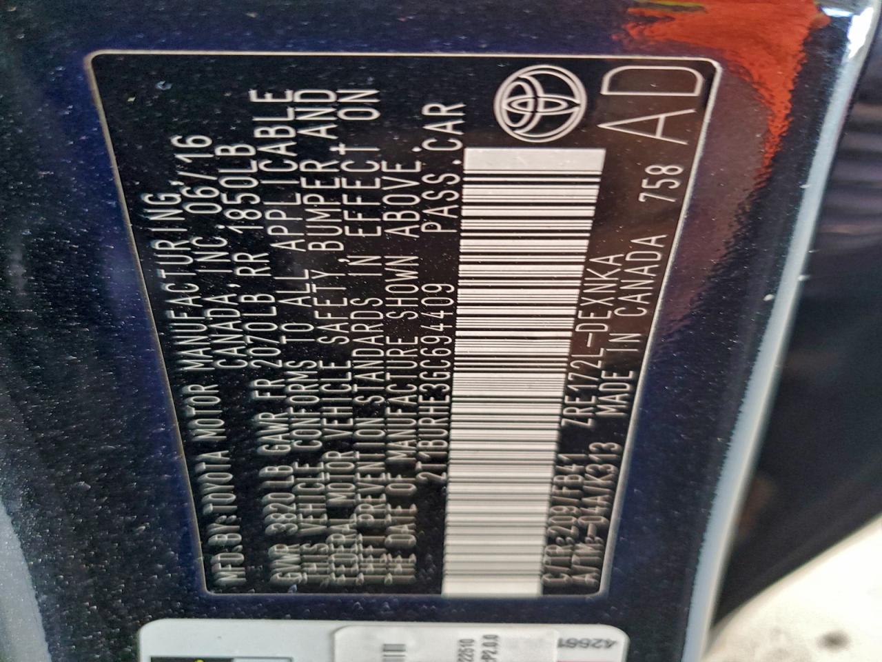 2016 TOYOTA COROLLA