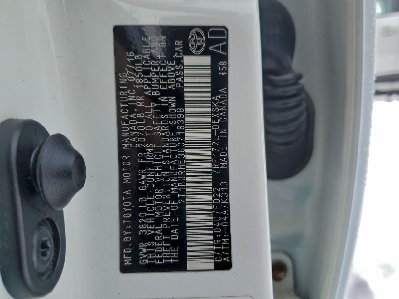 2016 TOYOTA COROLLA