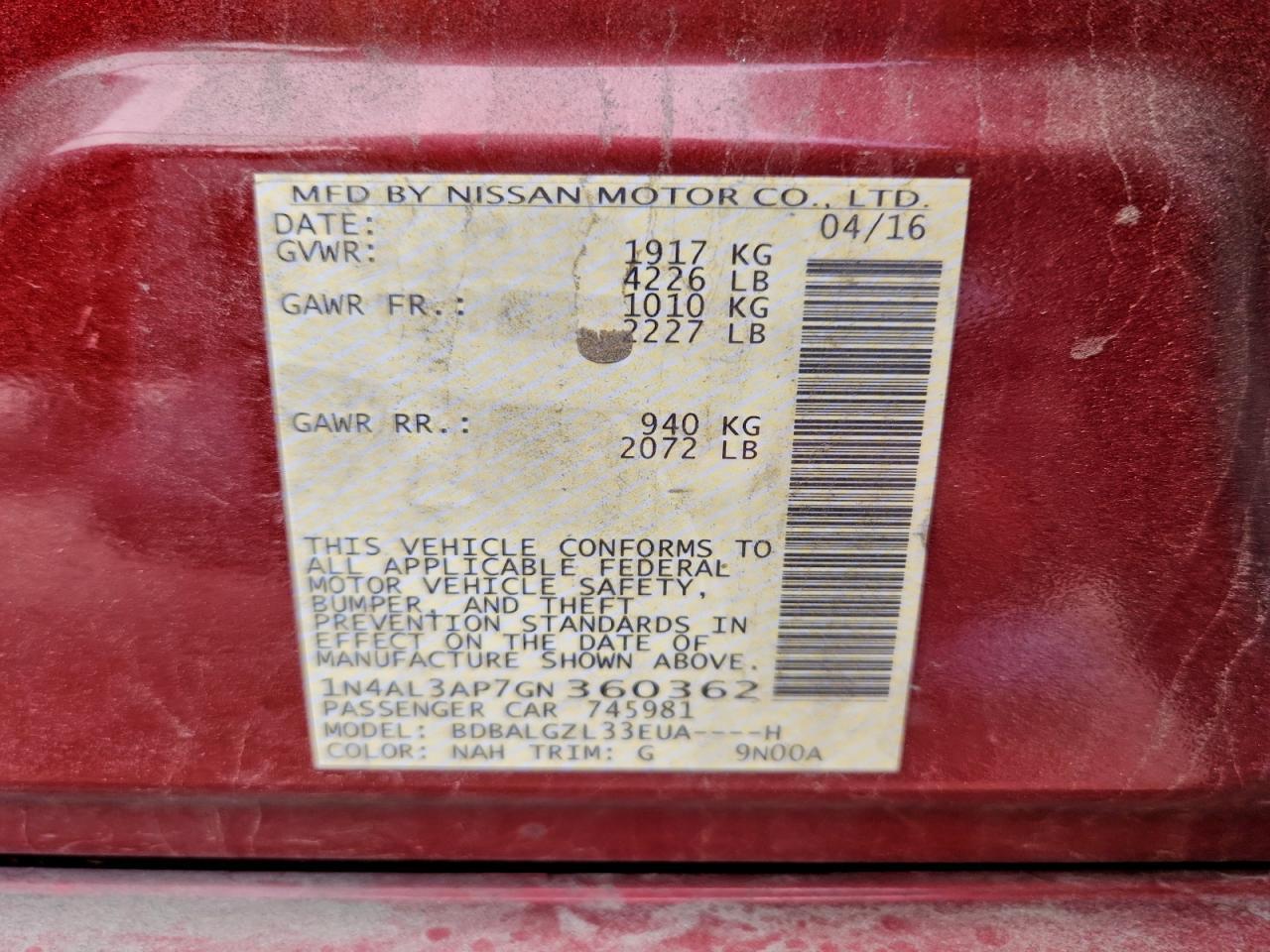 2016 NISSAN ALTIMA